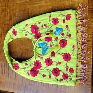 ANTHRO EMBROIDERED POPPY BEAD FRINGE BAG